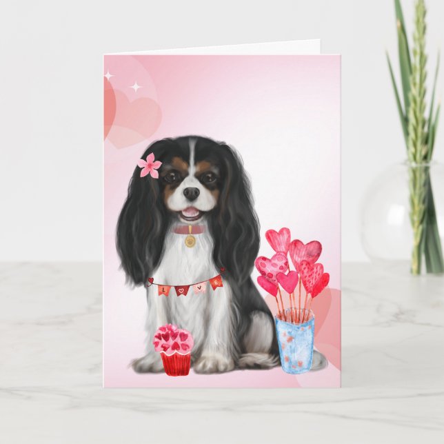 Tri Colour Cavalier King Charles Spaniel Valentine Card (Front)