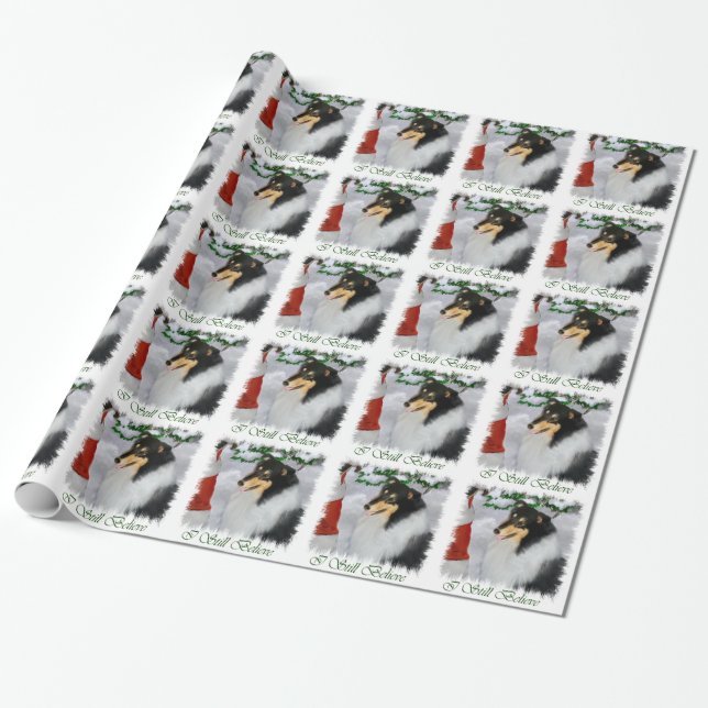 Tri Colour Collie Christmas Wrapping Paper (Unrolled)