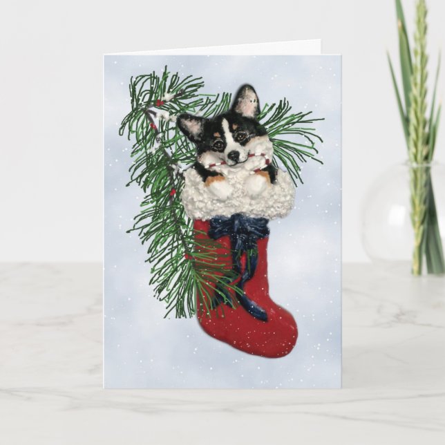 Tri-Colour Corgi in Christmas Stocking Card (Front)