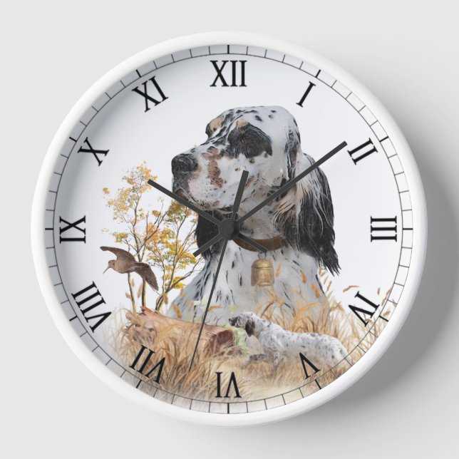 Tri Colour English Setter Art, woodcock Hunting Clock (Front)