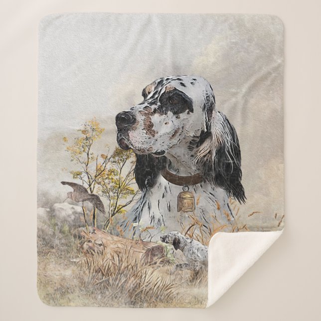 Tri Colour English Setter Art, woodcock Hunting Sherpa Blanket (Front)
