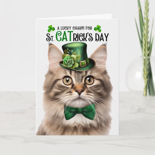 Tri Colour Fluffy Cat St CATrick's Day Lucky Charm Holiday Card (Front)