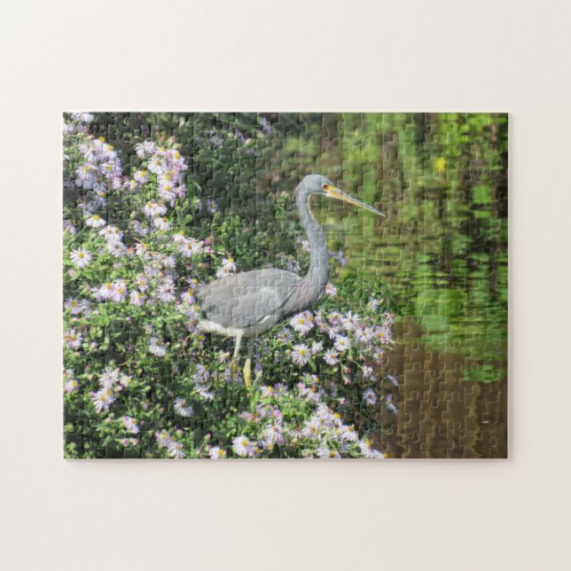 Tri-Colour Heron, Wild Flowers, and reflections Jigsaw Puzzle (Horizontal)
