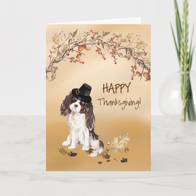 Tri colour King Charles Spaniel Funny Thanksgiving Card (Front)