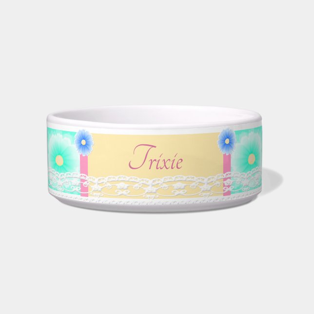 Tri-Colour Pastel Floral Personalised Lace Pet Bow Bowl (Front)