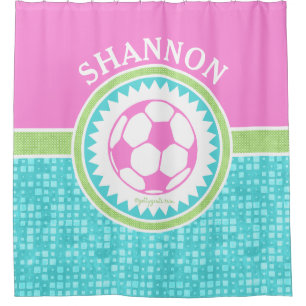 Tri-Colour Pastel Soccer With Aqua Tiles Shower Curtain