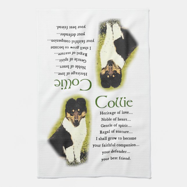 Tri Colour Rough Collie Puppy Tea Towel (Vertical)