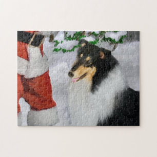 Tri Colour Rough Collie With Santa Christmas Jigsaw Puzzle
