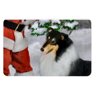 Tri Colour Rough Collie With Santa Christmas Magnet