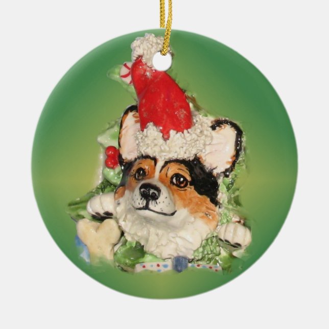 Tri-Colour Santa Corgi Ornament (Front)