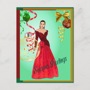 Tri Colour Seasons Greetings With Woman in Red Holiday Postcard