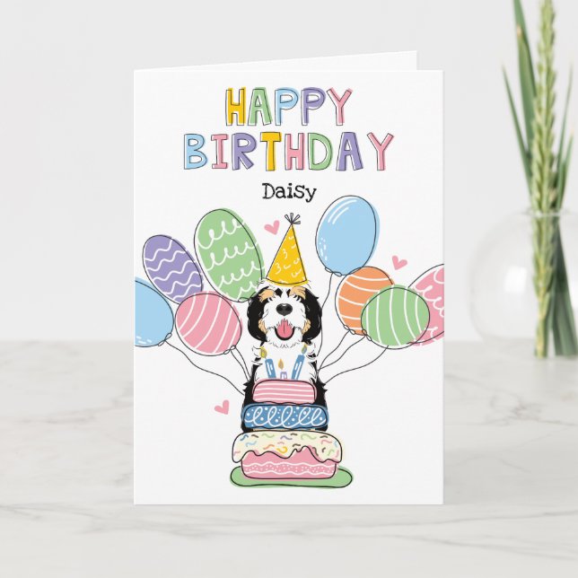 Tri Colour Sheepadoodle Dog Happy Birthday Card (Front)