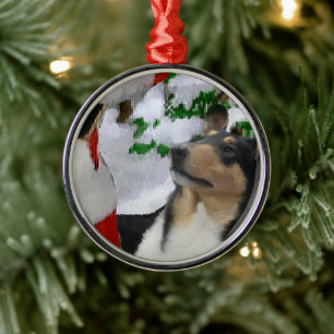 Tri Colour Smooth Collie With Santa Christmas Metal Ornament