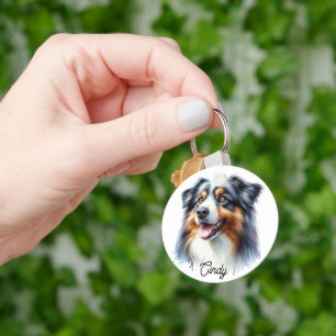 Tri-Coloured Australian Shepherd Dog Key Ring