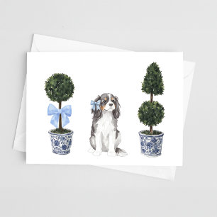 Tri-Coloured Cavalier Puppy Topiary Watercolor Card