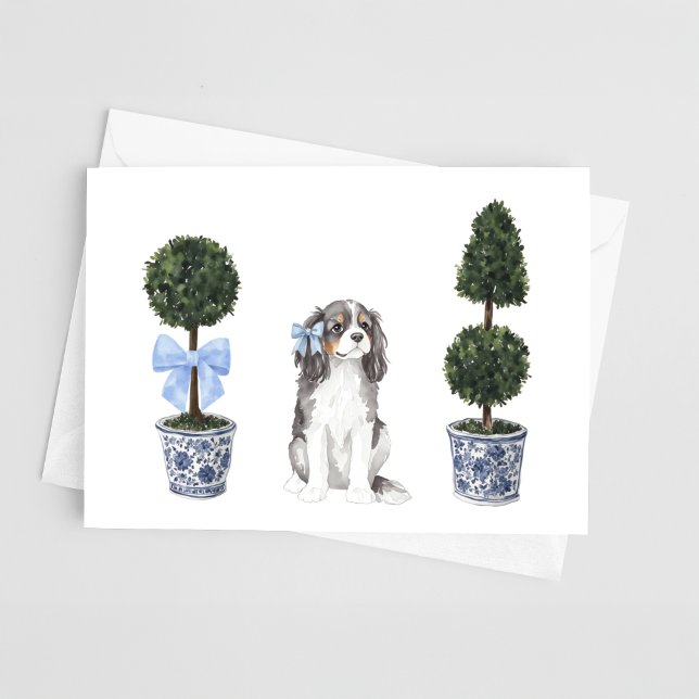 Tri-Coloured Cavalier Puppy Topiary Watercolor Card (Creator Uploaded)