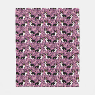 Tri Coloured Corgi Cherry Blossoms - purple Fleece Blanket