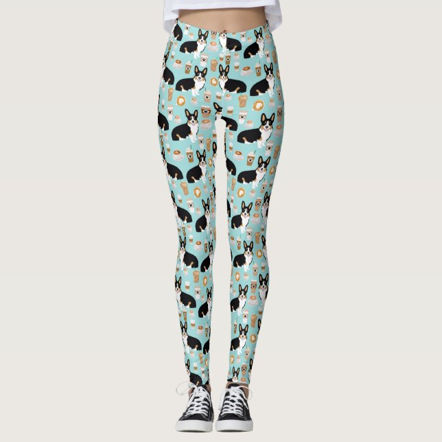 Tri coloured Corgi Coffee pattern - blue Leggings (Front)