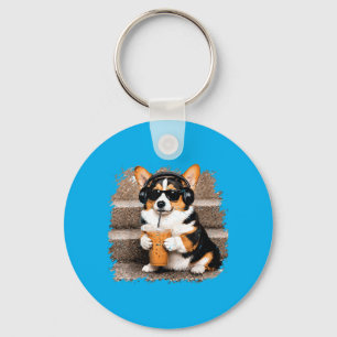Tri Coloured Corgi Drinking Iced Coffee Funny Corg Key Ring