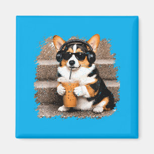 Tri Coloured Corgi Drinking Iced Coffee Funny Corg Magnet