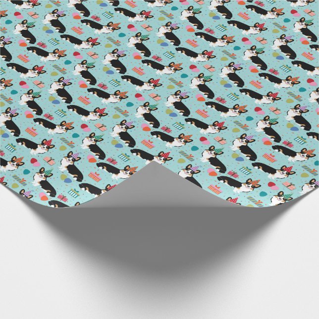 Tri Corgi Birthday Blue Wrapping Paper (Corner)