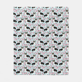 Tri Corgi Cherry Blossom - blue Fleece Blanket