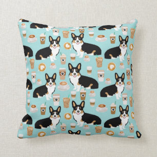 Tri Corgi Coffee - blue Cushion