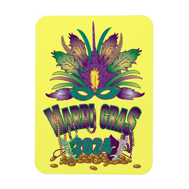 Tri-Feather Mardi Gras 2024 Magnet (Vertical)