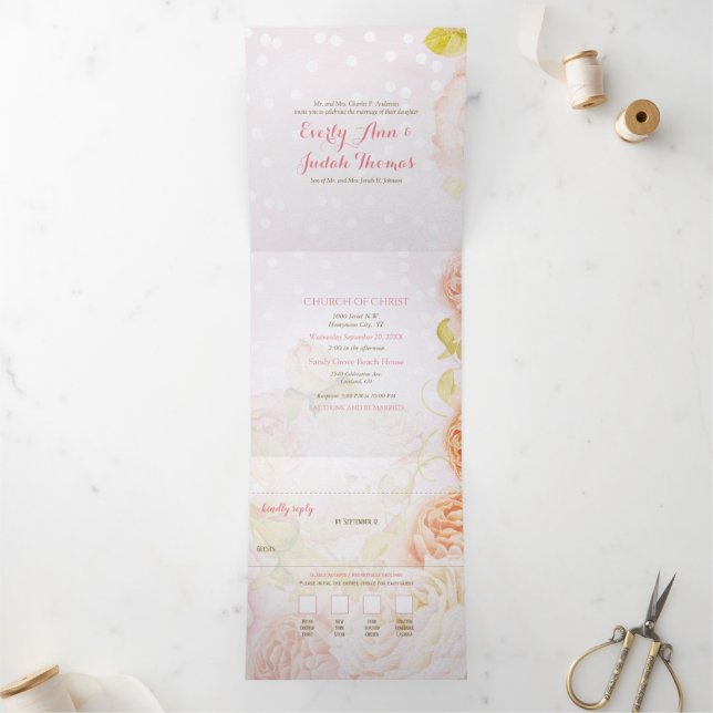 Tri-Fold Blush Rose All In One Wedding Invitation (Inside)