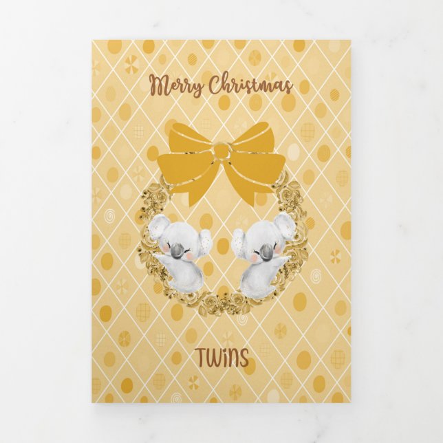 Tri-fold Card for Twins Gold Colours & Koalas (Cover)