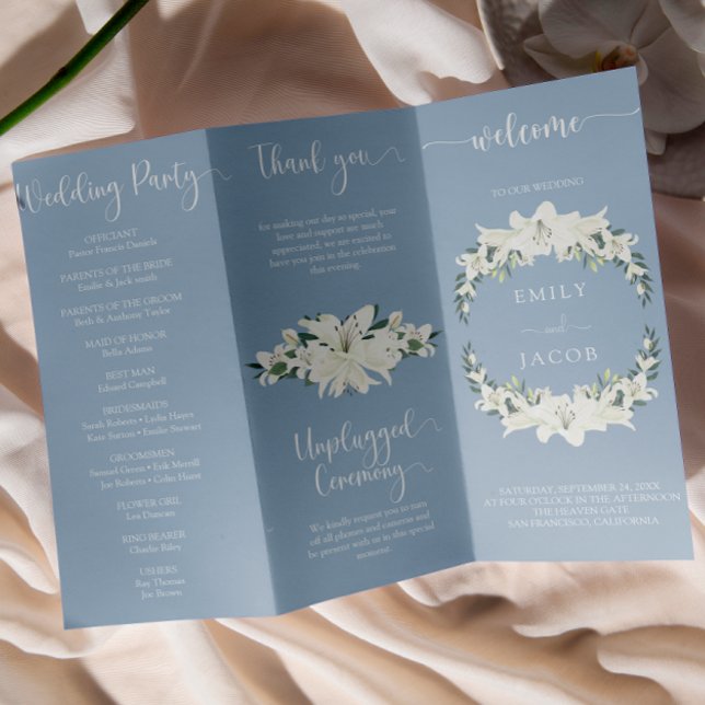 Tri-fold dusty blue floral wedding program Flyer (Creator Uploaded)