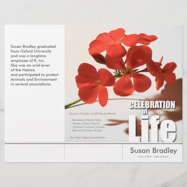 Tri-Fold Geranium Memorial Service Program Flyers (Front)