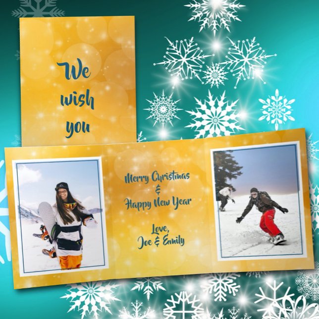 Tri-fold Gold Merry Christmas Double Photo Card (Creator Uploaded)