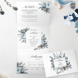 Tri-Fold Invitation with RSVP Blue Floral Wedding