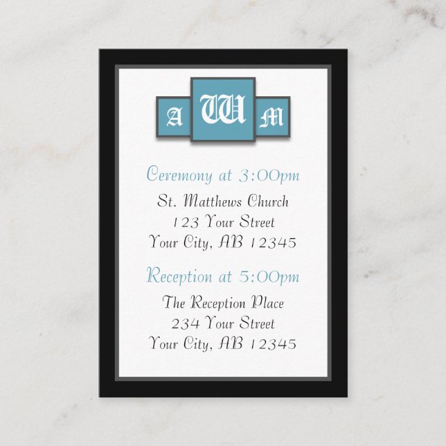Tri-Monogram Blue Modern Guest Reference Cards (Front)