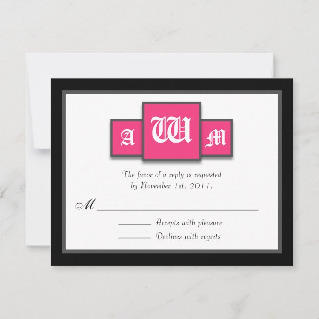 Tri-Monogram Fuchsia Modern Reply / RSVP Cards (Front)