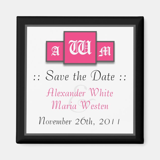 Tri-Monogram Fuchsia Modern Save the Date Magnets (Front)