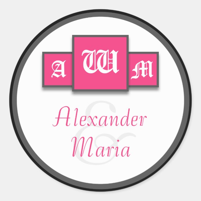 Tri-Monogram Fuchsia Modern Wedding Stickers/Seals Classic Round Sticker (Front)