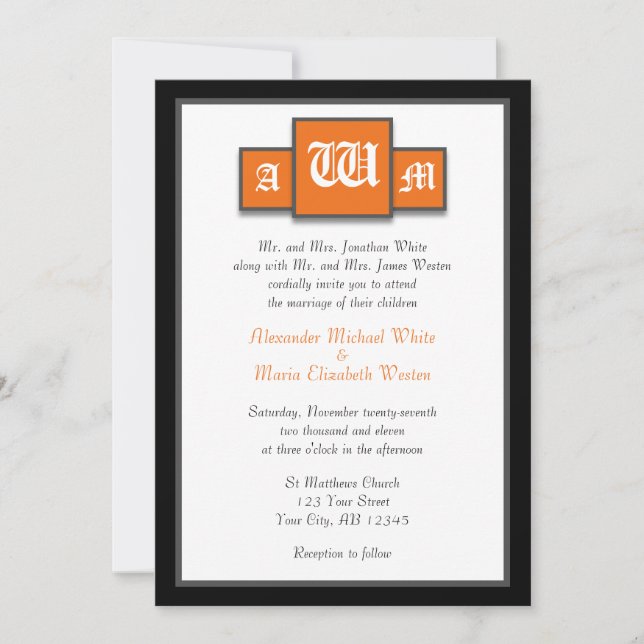 Tri-Monogram Orange Modern Wedding Invitations (Front)