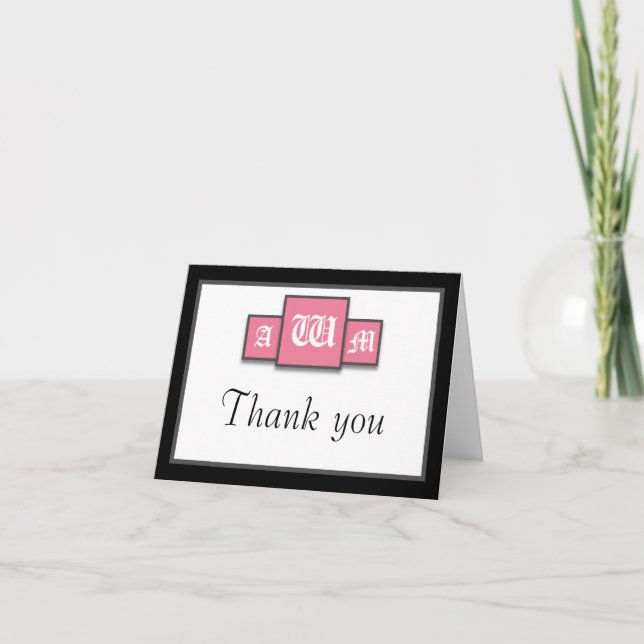 Tri-Monogram Pink Modern Thank You Notecards (Front)
