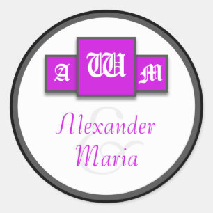 Tri-Monogram Purple Modern Wedding Stickers/Seals Classic Round Sticker