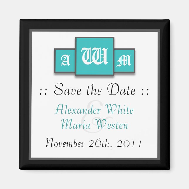 Tri-Monogram Teal Modern Save the Date Magnets (Front)