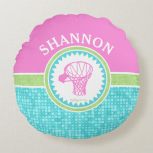 Tri-Pastel Colour Basketball With Aqua Tile Round Cushion