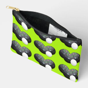 Triad of Precision: Lawn Bowls Trio Jack on Lime Accessory Pouch