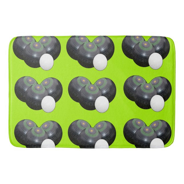 Triad of Precision: Lawn Bowls Trio Jack on Lime Bath Mat (Front)