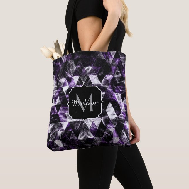 Triangle Geometric Purple Smoky Galaxy Monogram Tote Bag (Close Up)