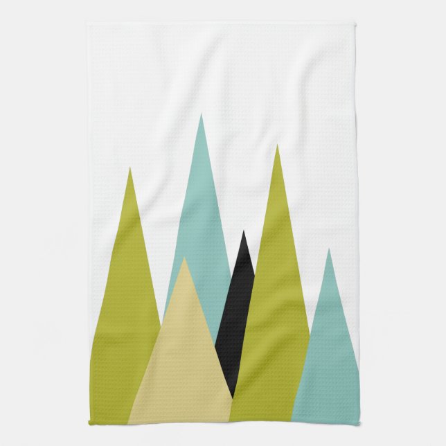 Triangle Mountains Of Green Turquoise Yellow Black Tea Towel (Vertical)