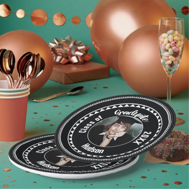 Triangle Pattern Graduation Photo Name Year Paper Plate (Multi)