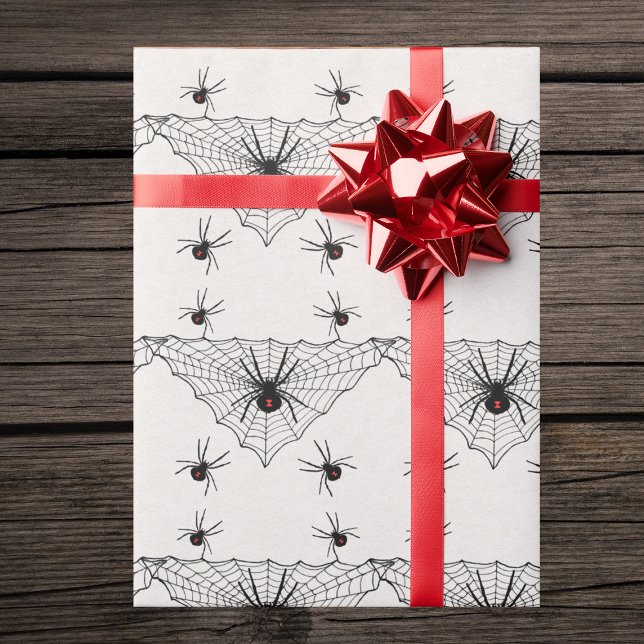 Triangle Shaped black Spider Web With Black Widows Wrapping Paper (Triangle shaped black spider web with black widow spiders on white gift wrapping paper.)