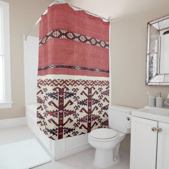 Triangle Stripe Kilim III Red Black White  Shower Curtain (In Situ)